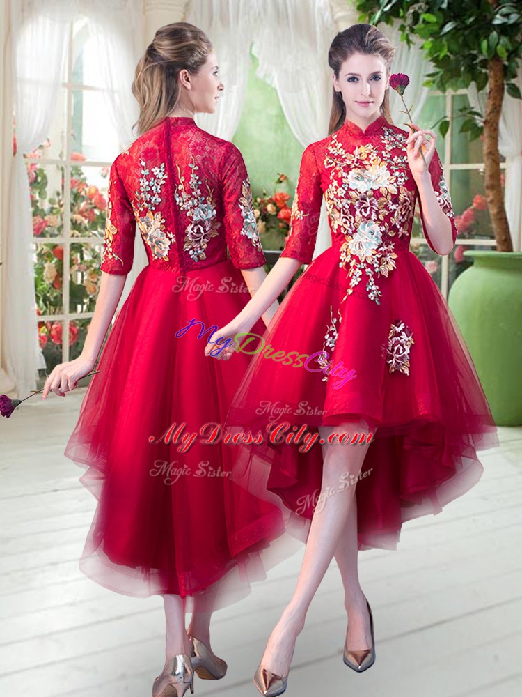 Custom Designed Red A-line High-neck Half Sleeves Tulle High Low Zipper Appliques Prom Evening Gown