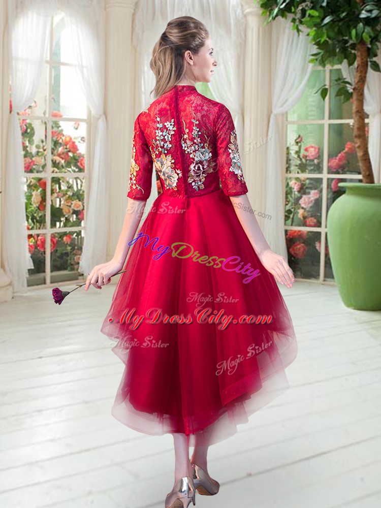 Custom Designed Red A-line High-neck Half Sleeves Tulle High Low Zipper Appliques Prom Evening Gown