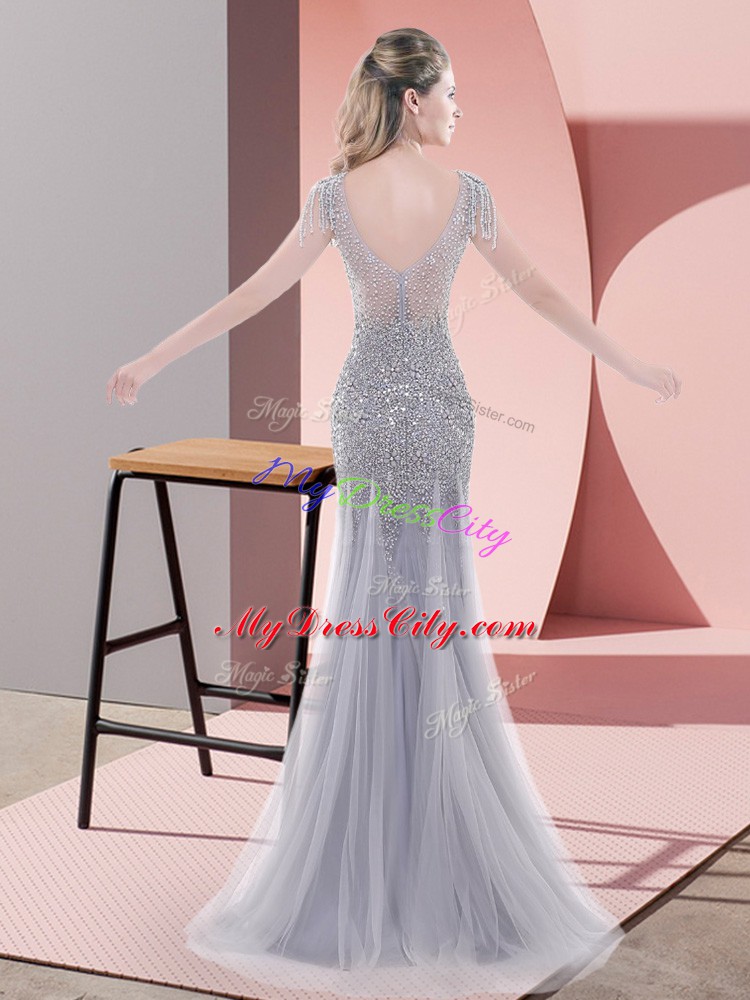 Pretty Grey Mermaid Scoop Short Sleeves Tulle Floor Length Zipper Beading Homecoming Dress