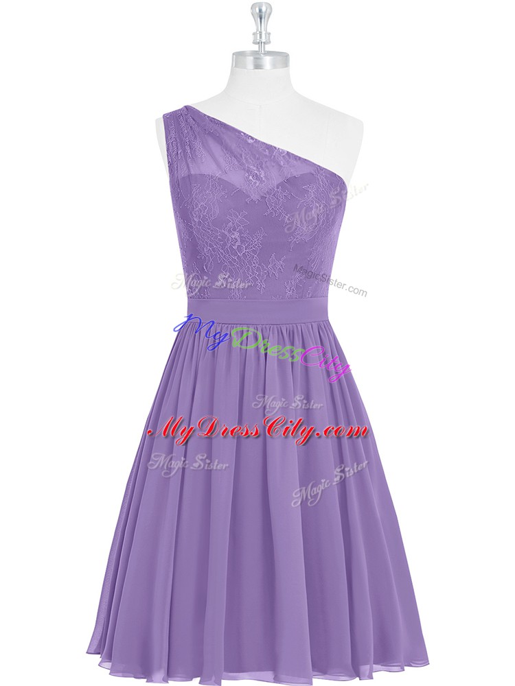 Deluxe Lavender A-line One Shoulder Sleeveless Knee Length Side Zipper Lace Prom Gown