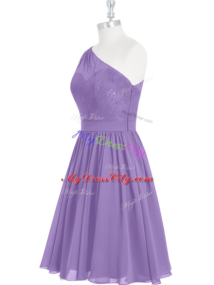 Deluxe Lavender A-line One Shoulder Sleeveless Knee Length Side Zipper Lace Prom Gown