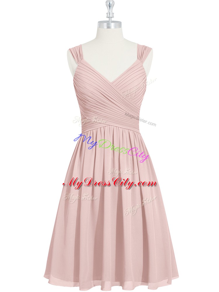 Pink Lace Up Straps Ruching Prom Gown Chiffon Sleeveless