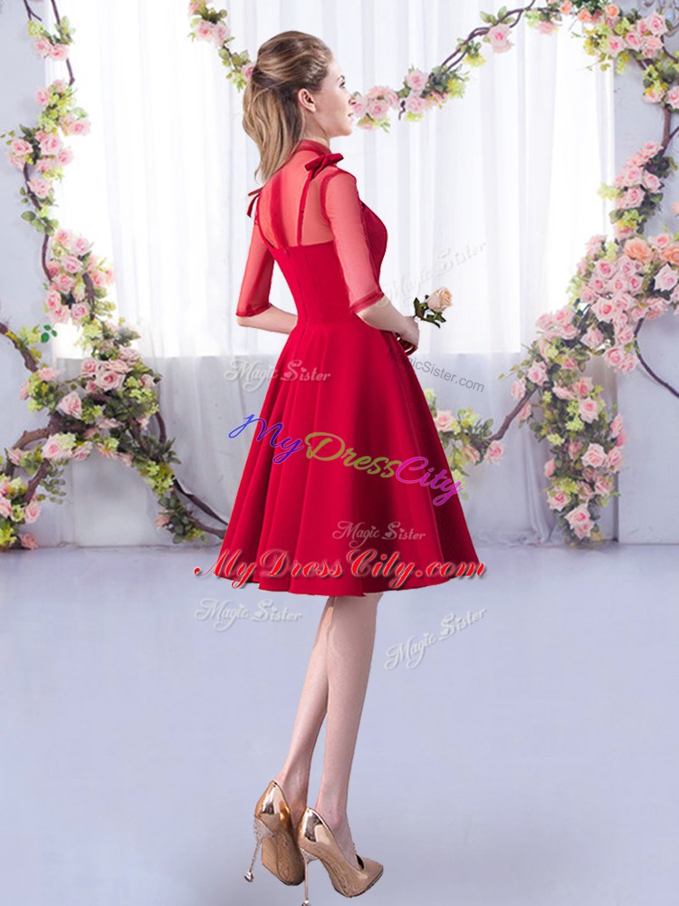 Elegant Red High-neck Zipper Ruching Bridesmaid Gown Half Sleeves