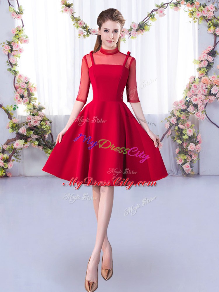 Elegant Red High-neck Zipper Ruching Bridesmaid Gown Half Sleeves