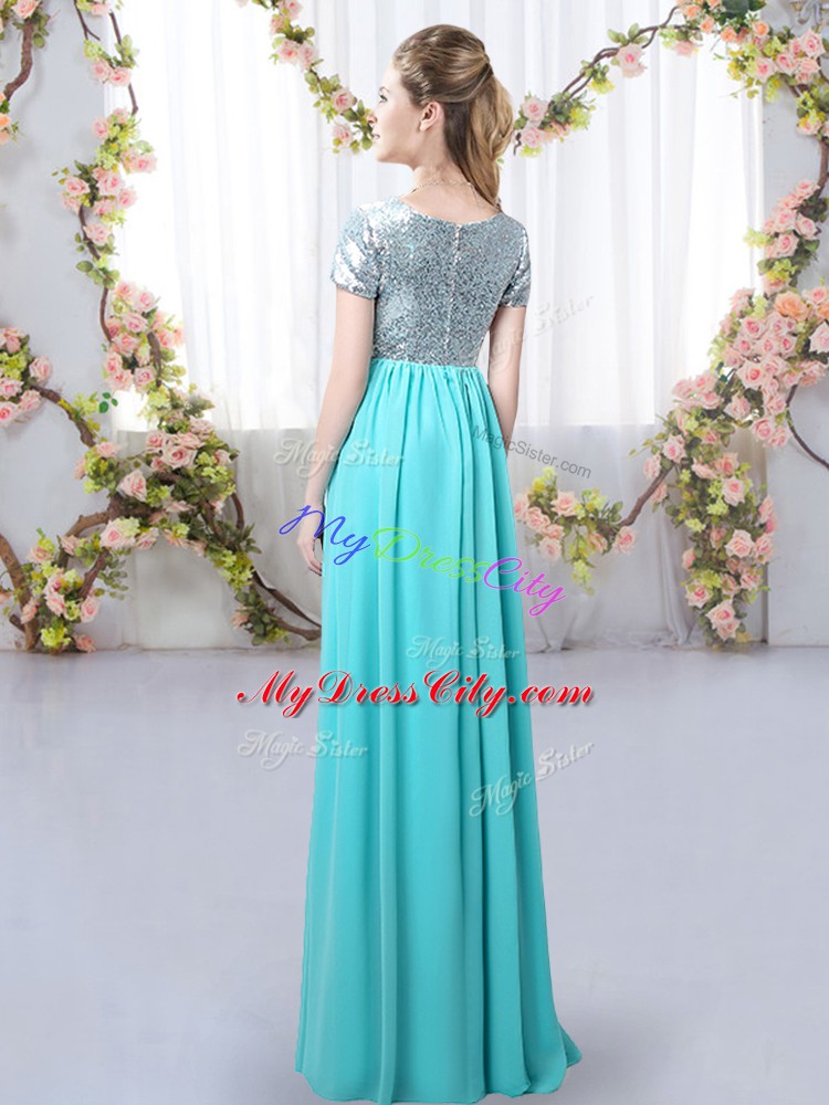 Free and Easy Green Short Sleeves Sequins Floor Length Quinceanera Court of Honor Dress