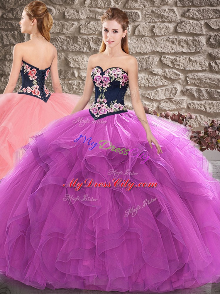 Excellent Tulle Sweetheart Sleeveless Lace Up Beading and Embroidery Vestidos de Quinceanera in Purple