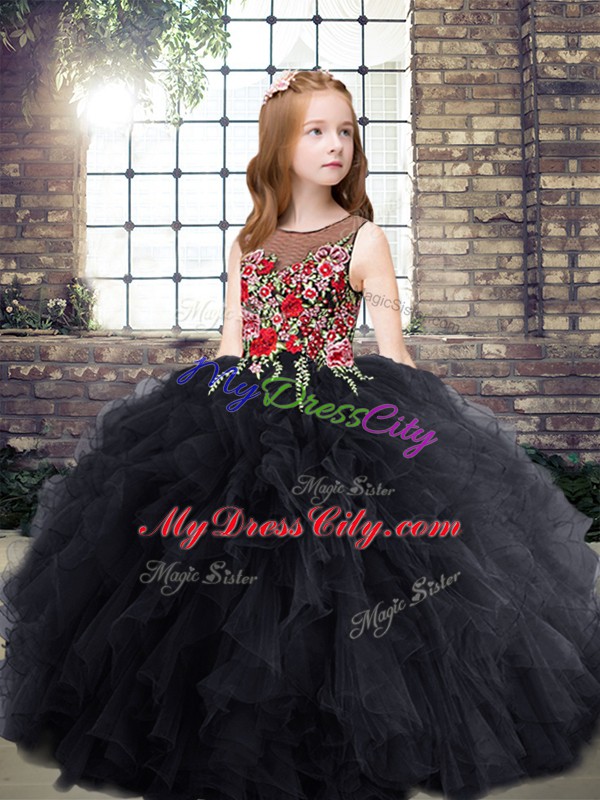 Sleeveless Zipper Floor Length Embroidery and Ruffles Little Girls Pageant Dress