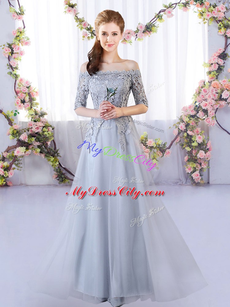 Fine Floor Length Lace Up Damas Dress Grey for Prom and Party with Appliques