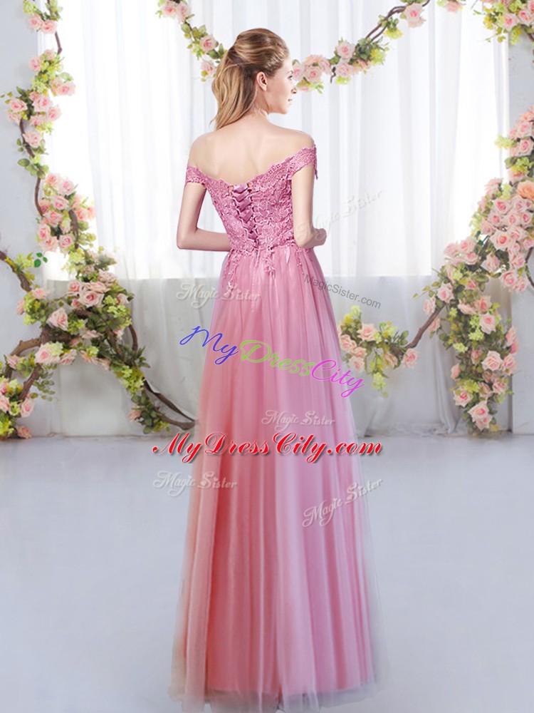Artistic Tulle Off The Shoulder Sleeveless Lace Up Lace Dama Dress in Pink