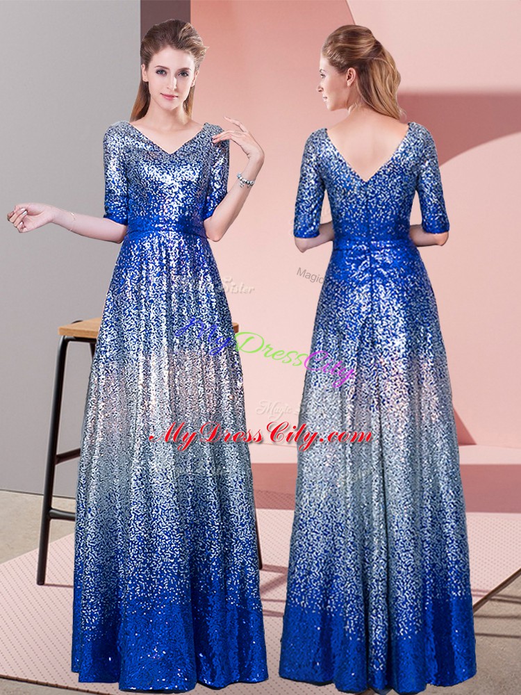 Fitting Royal Blue Zipper Prom Dresses Ruching Half Sleeves Floor Length