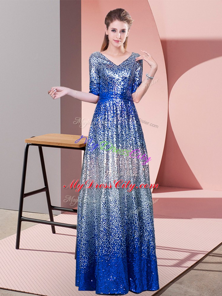 Fitting Royal Blue Zipper Prom Dresses Ruching Half Sleeves Floor Length