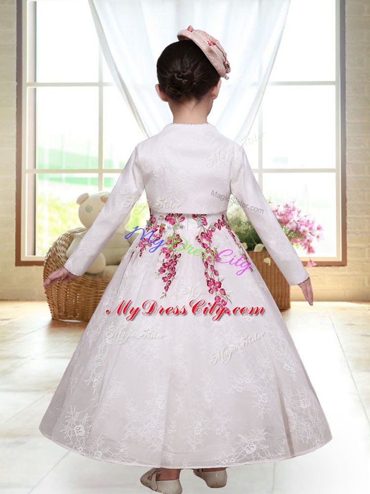 Sleeveless Ankle Length Embroidery Zipper Flower Girl Dresses with White