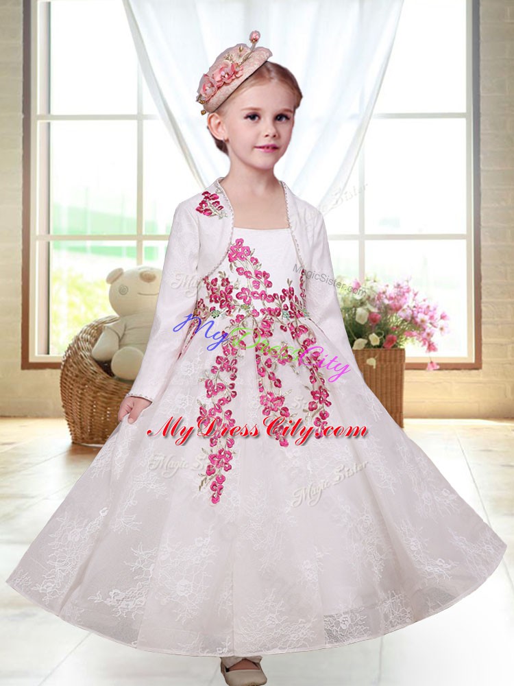 Sleeveless Ankle Length Embroidery Zipper Flower Girl Dresses with White