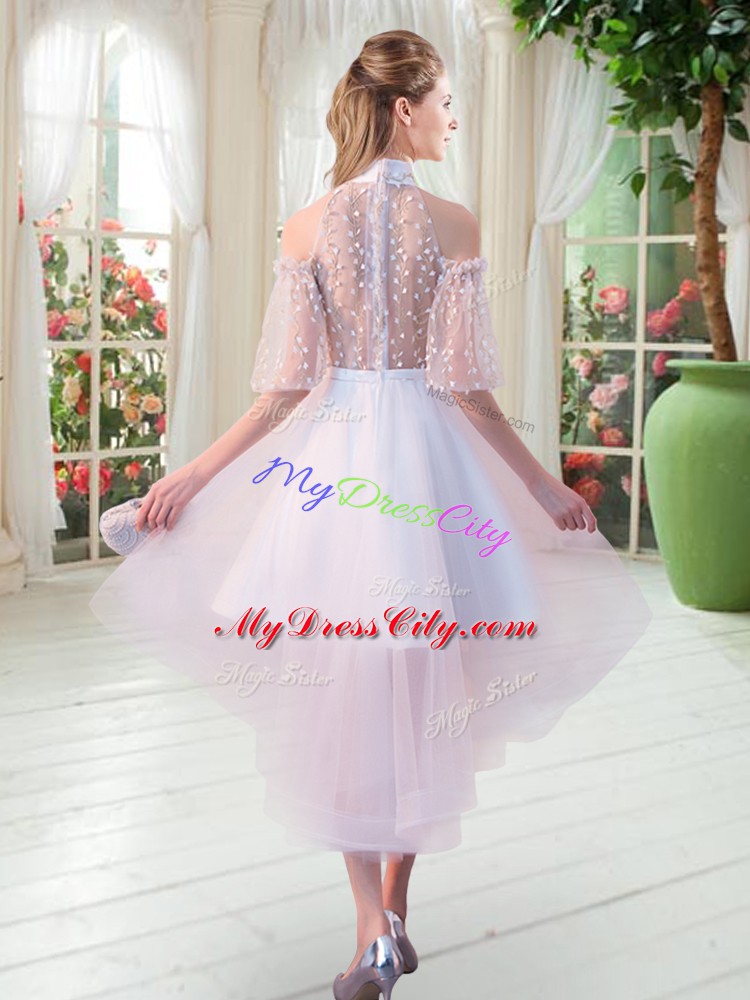 High Low White Prom Party Dress High-neck Half Sleeves Zipper