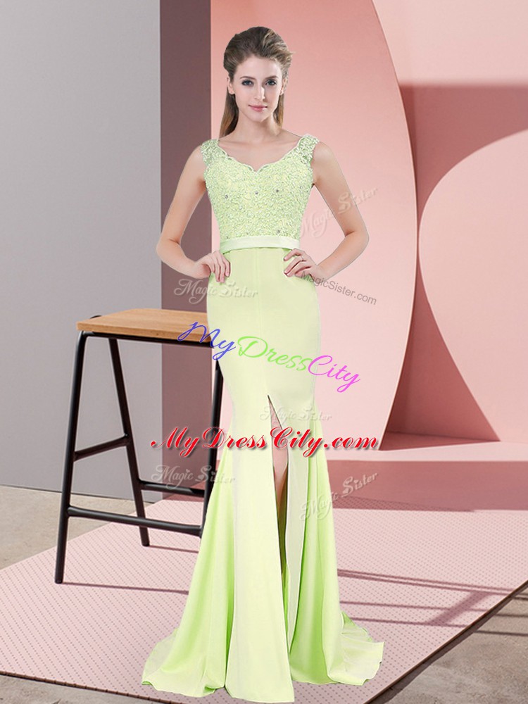 Extravagant Mermaid Sleeveless Yellow Green Dress for Prom Sweep Train Zipper