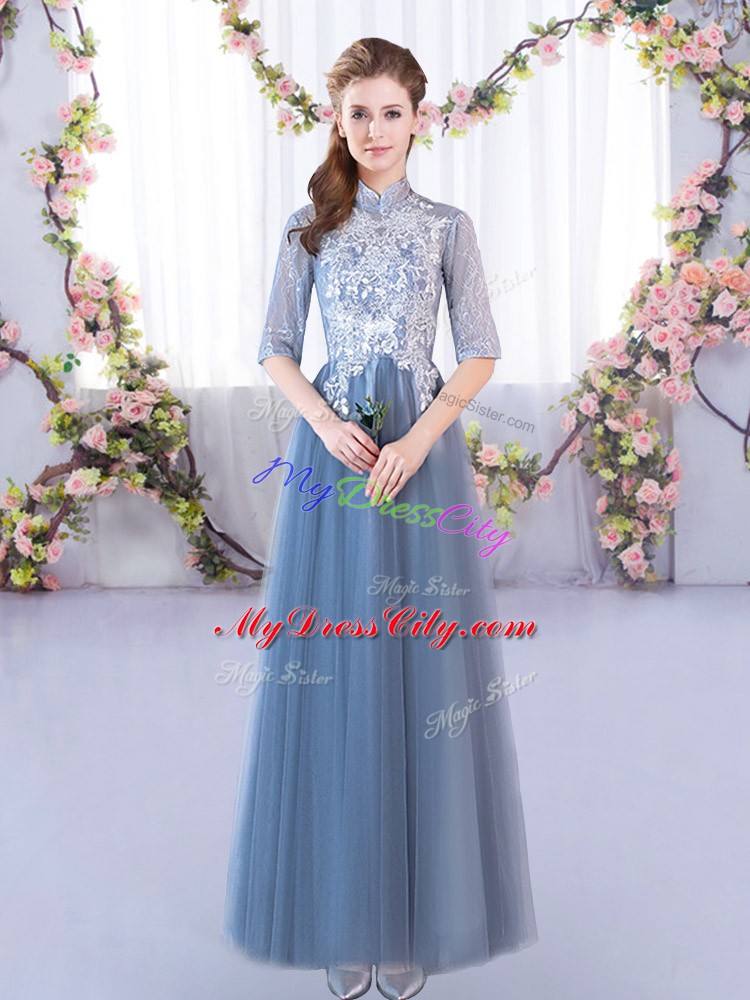 Floor Length Lace Up Bridesmaid Dress Blue for Prom and Party and Wedding Party with Lace