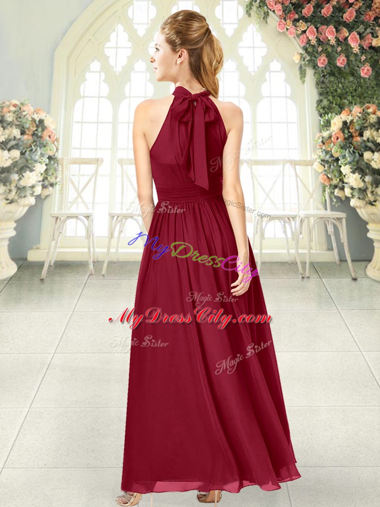 Fashionable Wine Red Empire Halter Top Sleeveless Chiffon Ankle Length Zipper Ruching Homecoming Dress