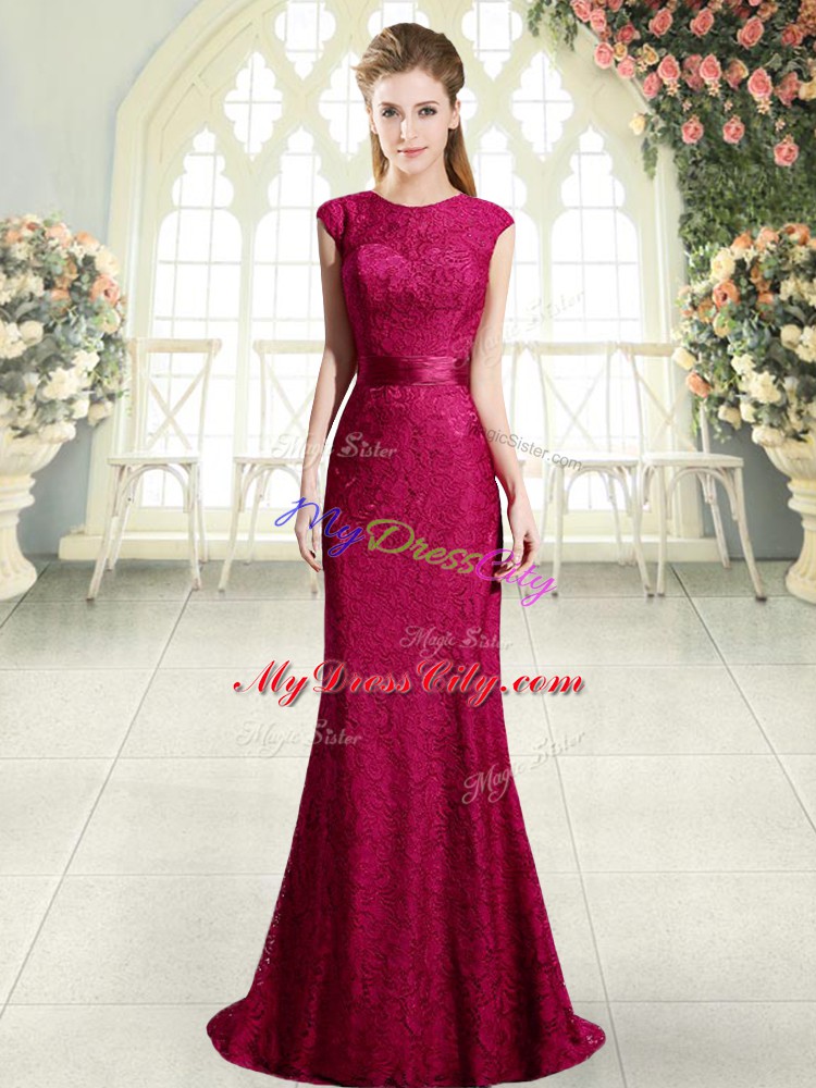 Wonderful Sweep Train Column/Sheath Prom Evening Gown Red Scoop Cap Sleeves Backless