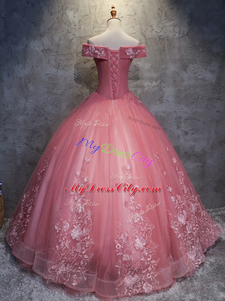 Stunning Floor Length Watermelon Red Sweet 16 Quinceanera Dress Tulle Sleeveless Appliques