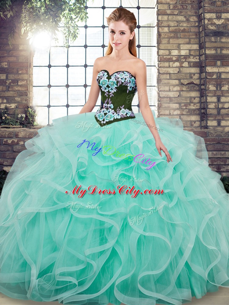 Aqua Blue Lace Up Sweetheart Embroidery and Ruffles Quinceanera Dresses Tulle Sleeveless Sweep Train