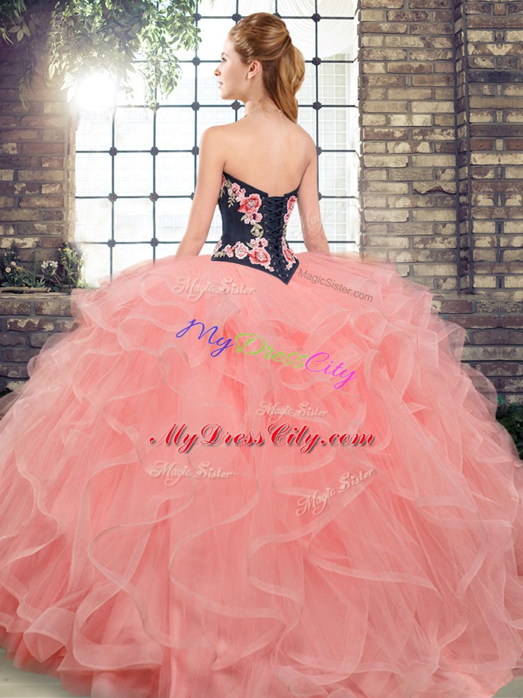 Sumptuous Embroidery and Ruffles Sweet 16 Quinceanera Dress Watermelon Red Lace Up Sleeveless Sweep Train
