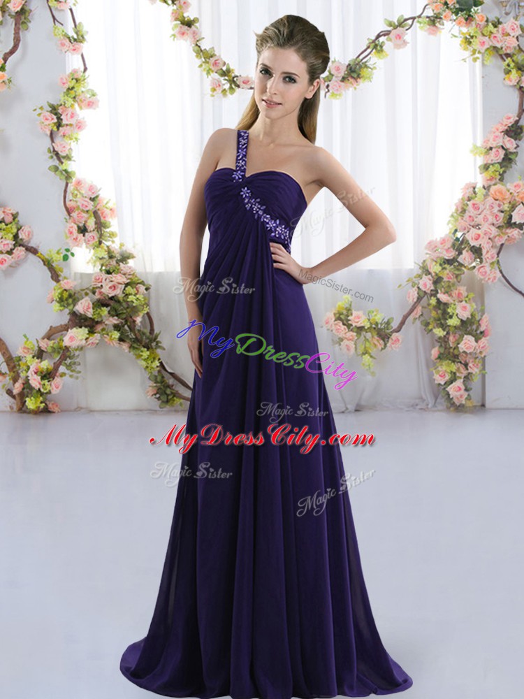 Enchanting Purple Sleeveless Brush Train Beading Court Dresses for Sweet 16