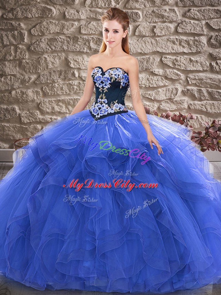 Affordable Floor Length Ball Gowns Sleeveless Blue Quinceanera Gown Lace Up