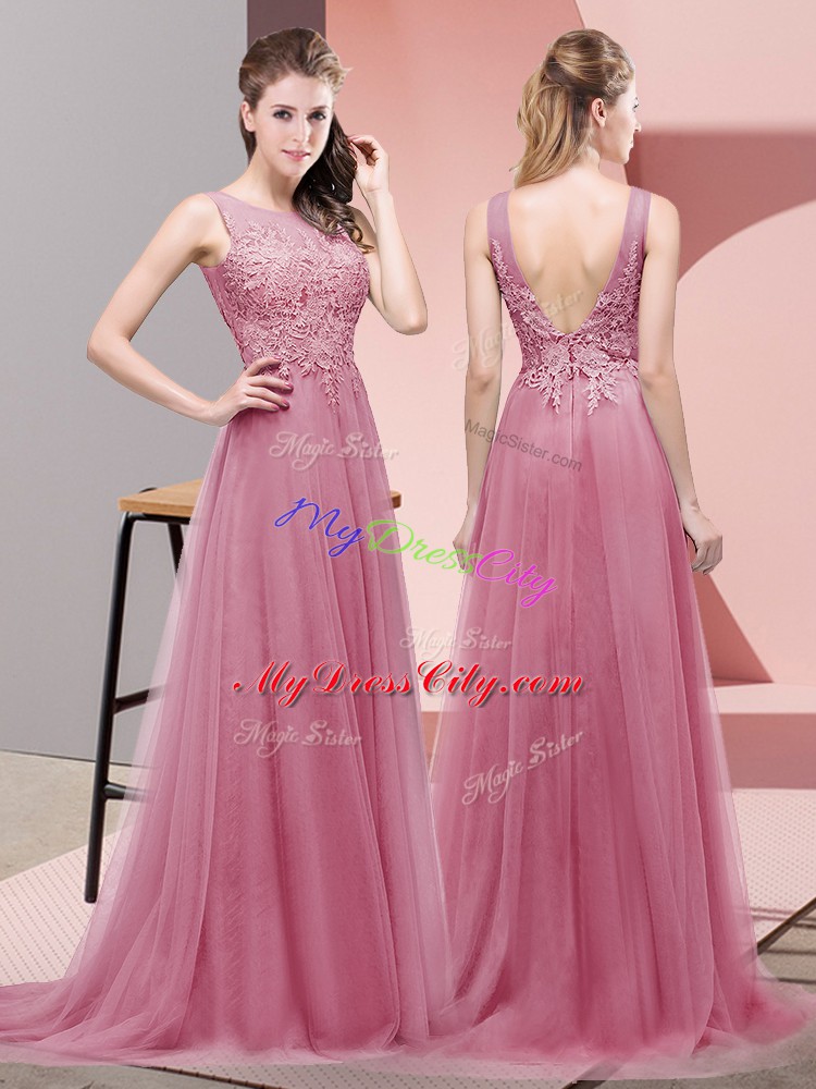 Beautiful Pink Sleeveless Sweep Train Lace Prom Evening Gown