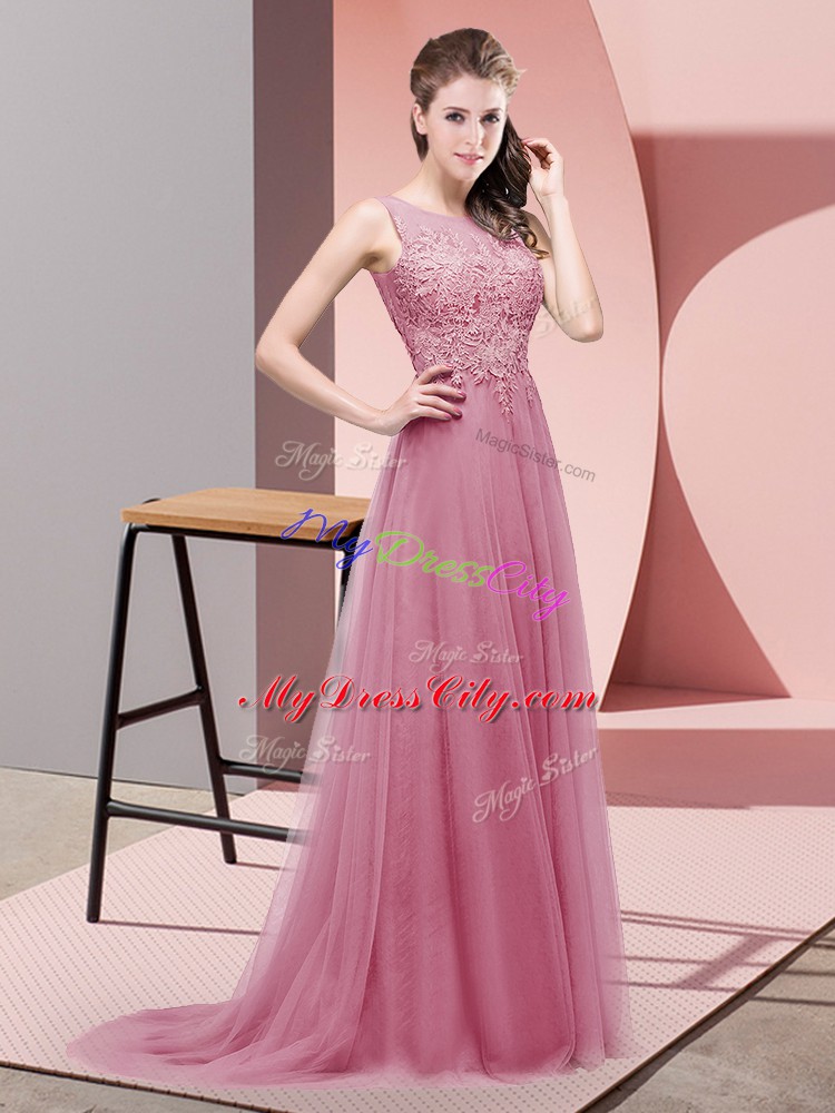 Beautiful Pink Sleeveless Sweep Train Lace Prom Evening Gown