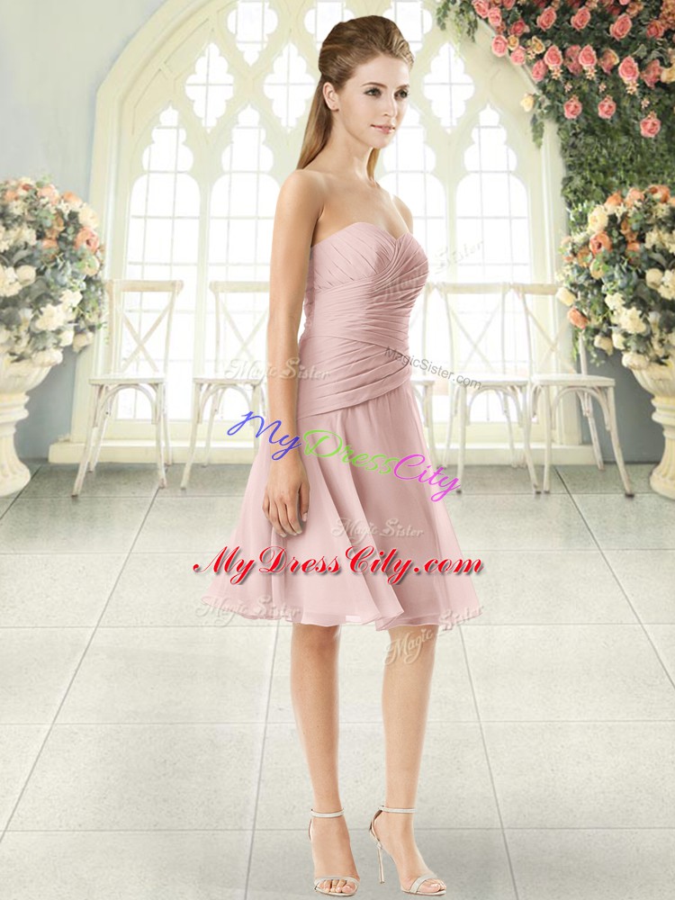 Sleeveless Knee Length Ruching Zipper Prom Dresses with Pink