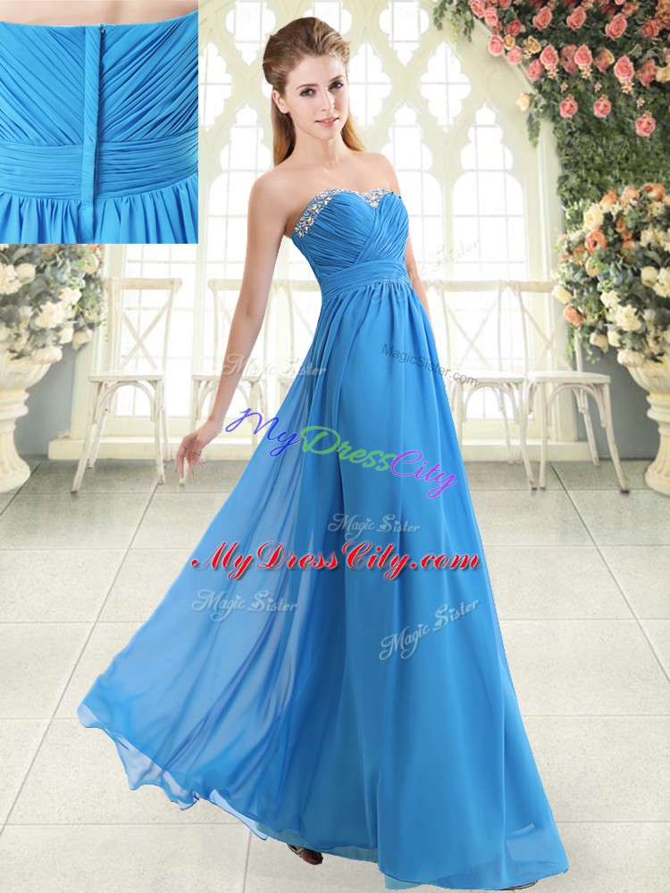 Blue Sleeveless Floor Length Beading Zipper Prom Party Dress