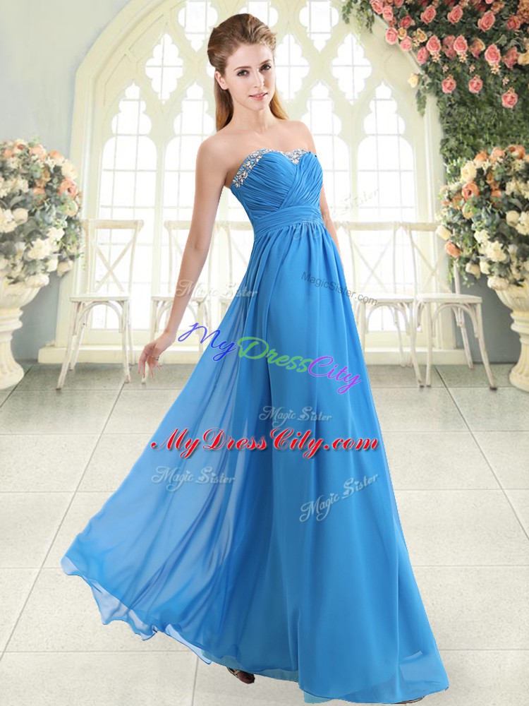 Blue Sleeveless Floor Length Beading Zipper Prom Party Dress