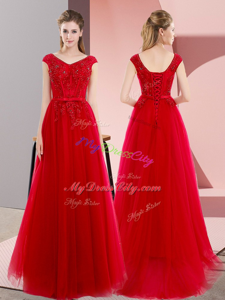Floor Length A-line Short Sleeves Red Evening Gowns Sweep Train Lace Up