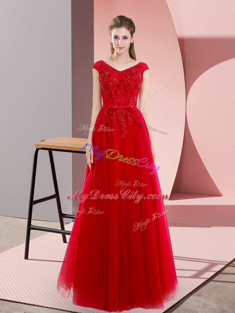 Floor Length A-line Short Sleeves Red Evening Gowns Sweep Train Lace Up