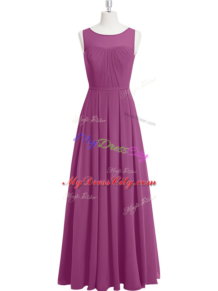 Floor Length Purple Prom Evening Gown Chiffon Sleeveless Ruching