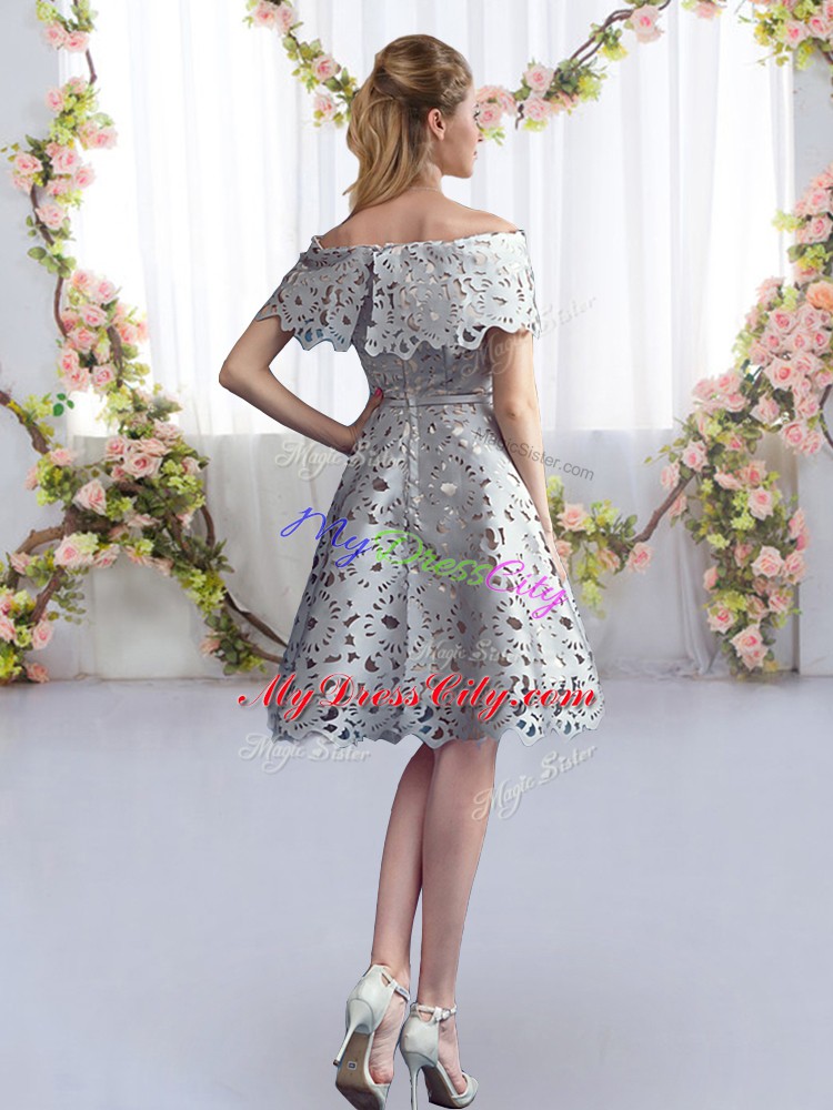 Vintage Grey Short Sleeves Lace Knee Length Quinceanera Court of Honor Dress