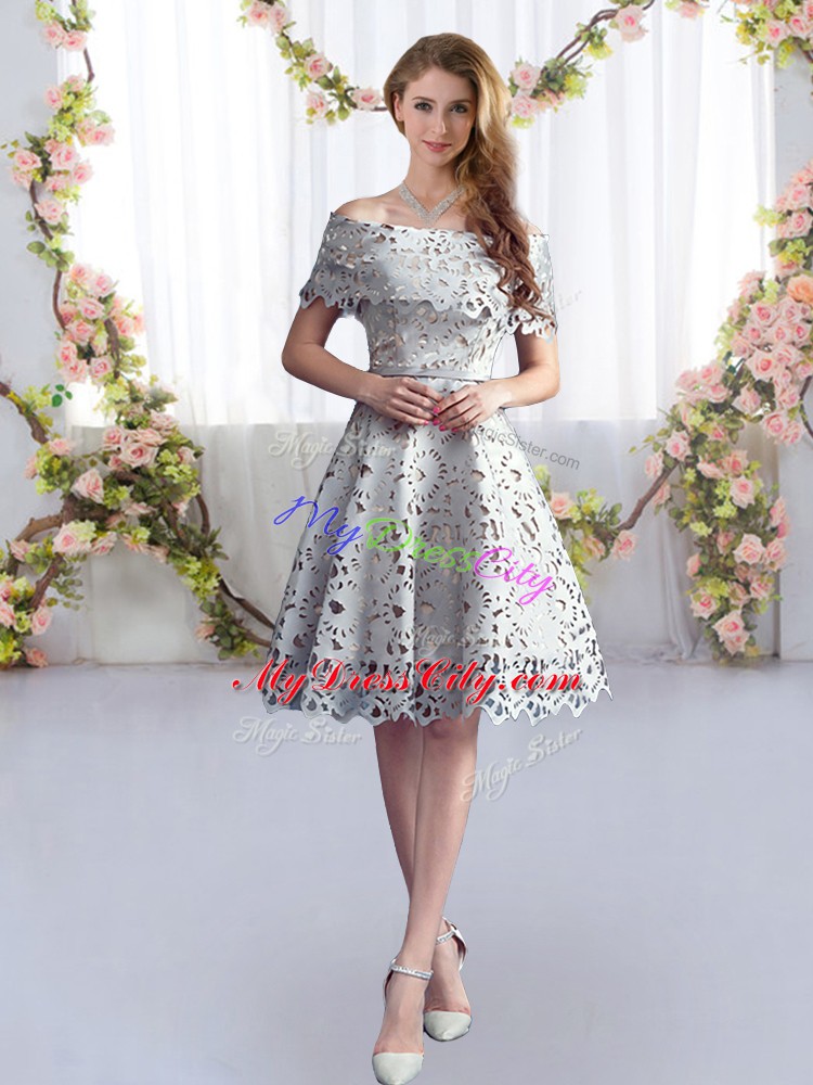 Vintage Grey Short Sleeves Lace Knee Length Quinceanera Court of Honor Dress