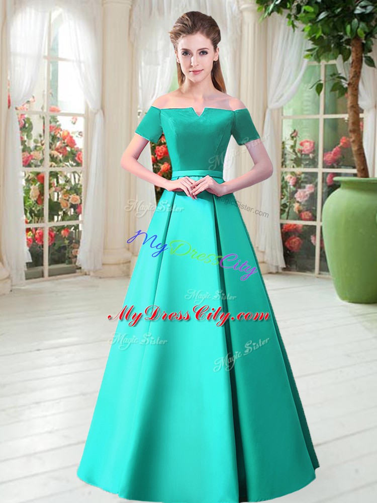 Amazing Short Sleeves Floor Length Belt Lace Up Prom Dress with Turquoise