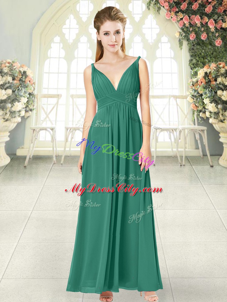 V-neck Sleeveless Chiffon Formal Evening Gowns Ruching Backless