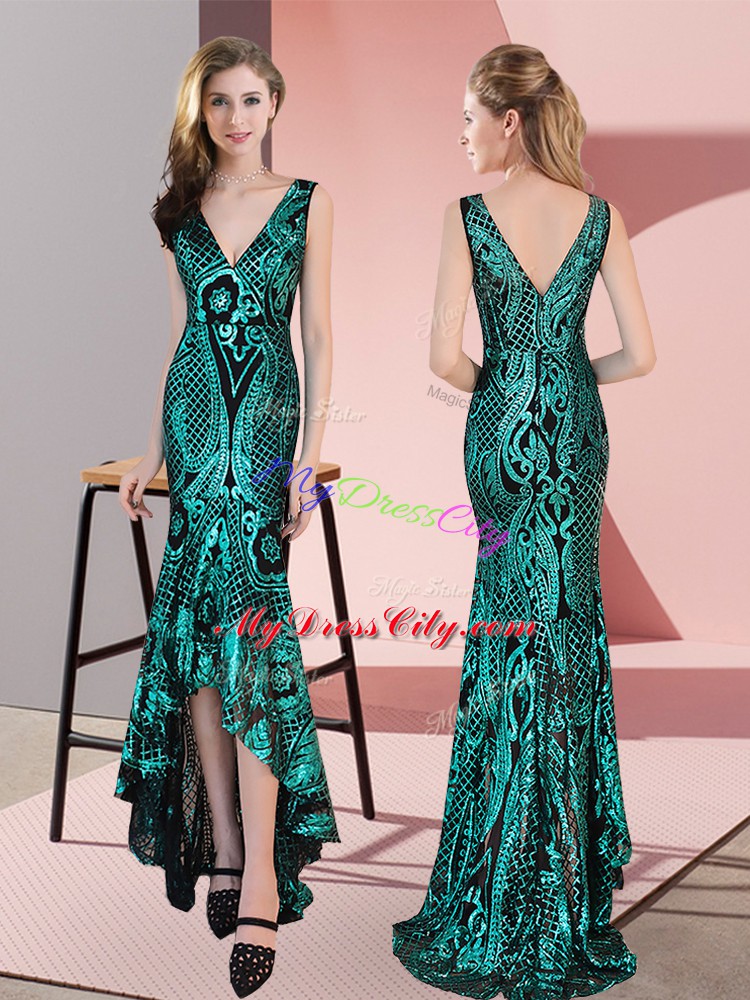 Beauteous Green Homecoming Dress Prom and Party with Ruching V-neck Sleeveless Zipper