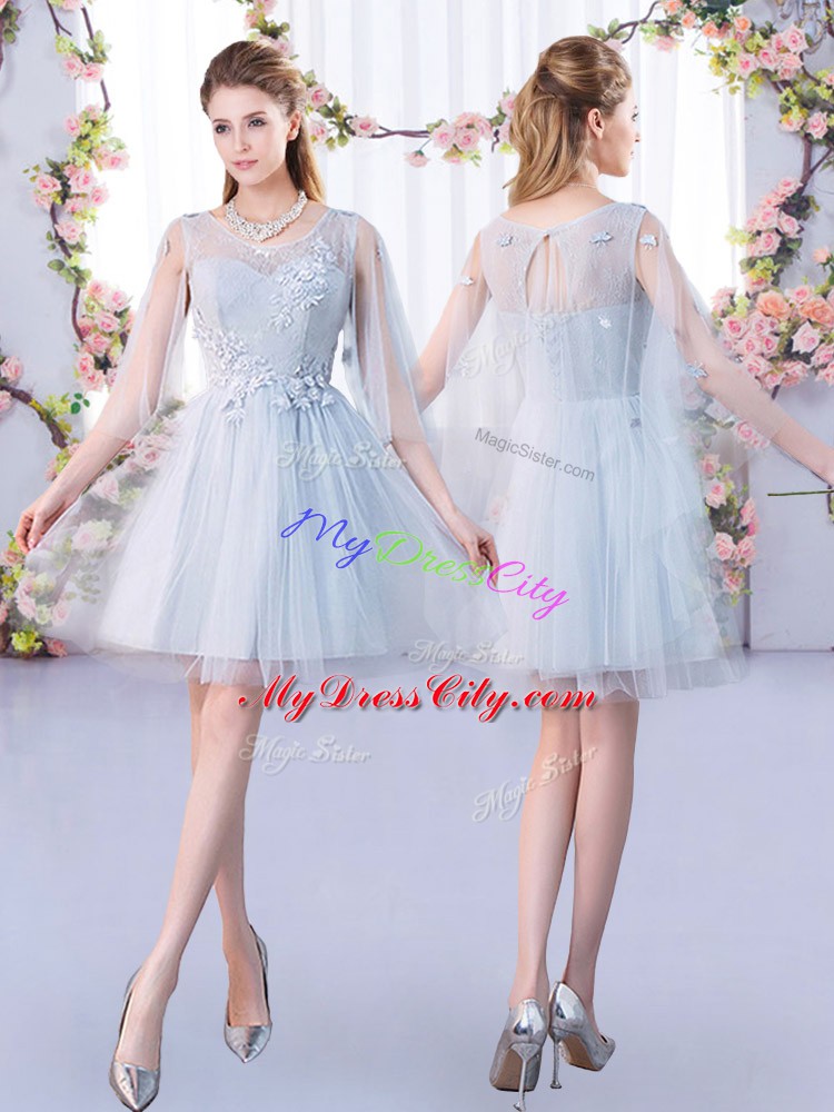 Noble Grey Lace Up Scoop Lace Dama Dress for Quinceanera Tulle 3 4 Length Sleeve