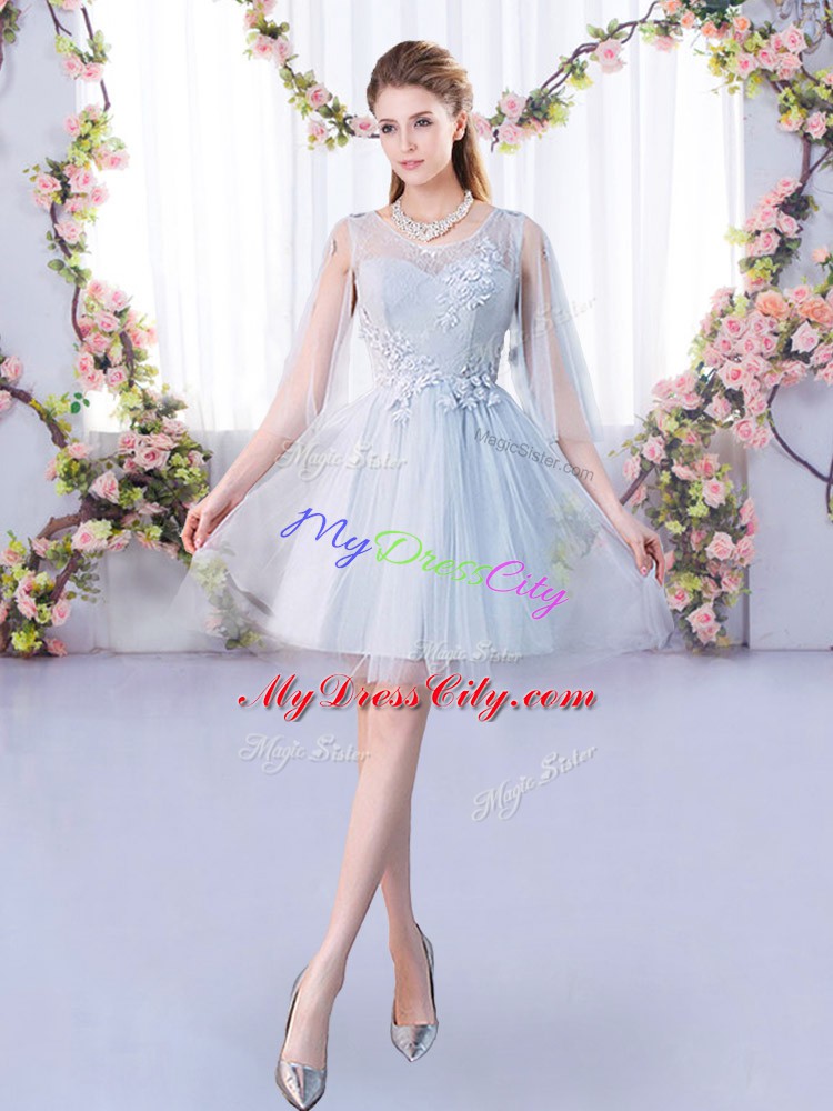 Noble Grey Lace Up Scoop Lace Dama Dress for Quinceanera Tulle 3 4 Length Sleeve