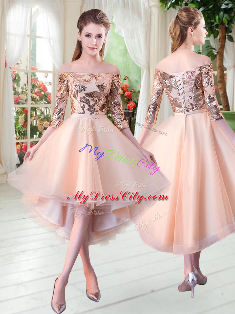 Glorious Peach A-line Off The Shoulder 3 4 Length Sleeve Tulle High Low Lace Up Sequins Prom Gown