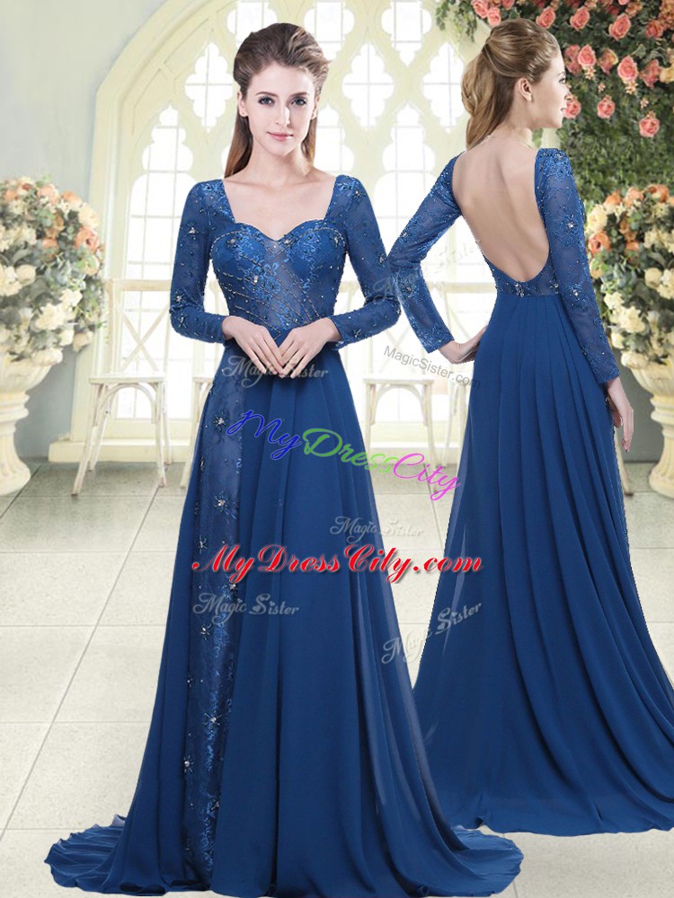 Chic Blue Long Sleeves Sweep Train Beading and Lace Prom Dresses