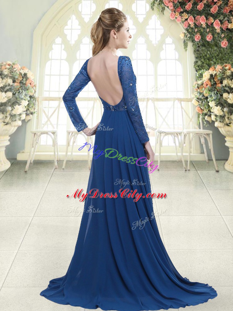 Chic Blue Long Sleeves Sweep Train Beading and Lace Prom Dresses