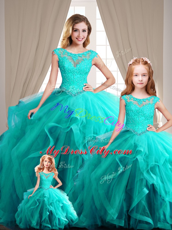 Suitable Aqua Blue Ball Gowns Beading Quinceanera Dresses Lace Up Cap Sleeves