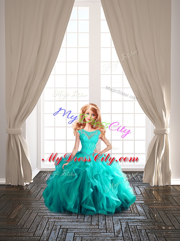 Suitable Aqua Blue Ball Gowns Beading Quinceanera Dresses Lace Up Cap Sleeves