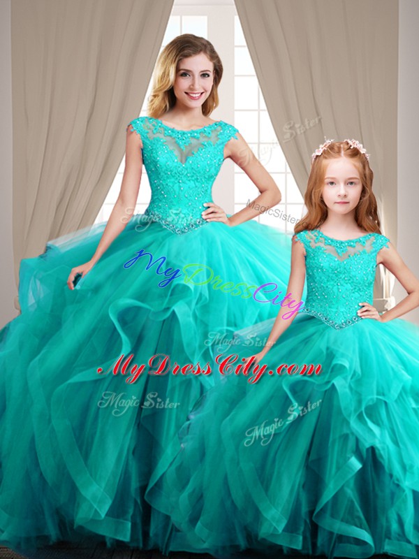 Suitable Aqua Blue Ball Gowns Beading Quinceanera Dresses Lace Up Cap Sleeves