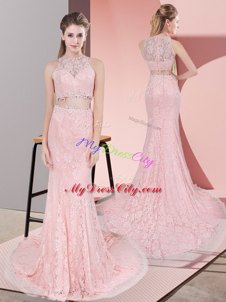 Zipper Prom Party Dress Pink for Prom and Party and Military Ball with Beading Court Train