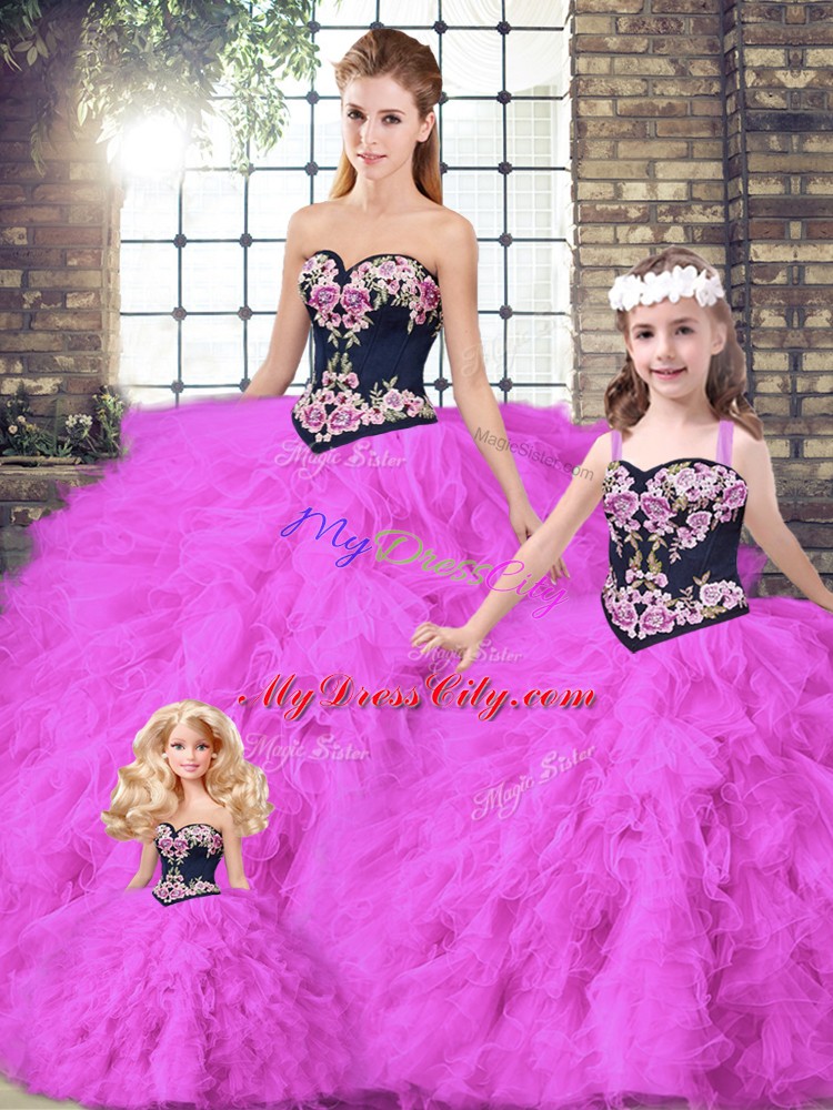 Beading and Embroidery Quinceanera Gowns Fuchsia Lace Up Sleeveless Floor Length